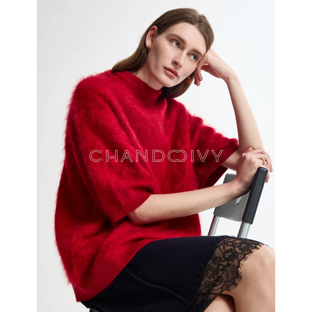CHANDOOIVY 奢柔定纺水洗拉绒山羊绒 时髦多穿飘带领廓形中袖毛衣