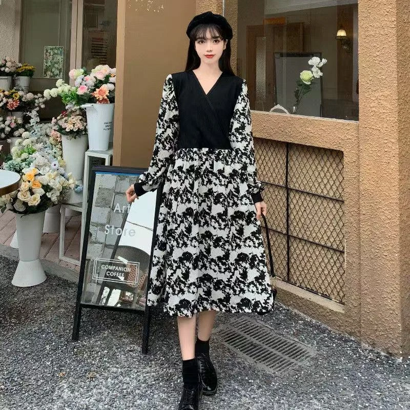 中长裙裹胸大码连衣裙长裙拼接泡泡袖V领高腰