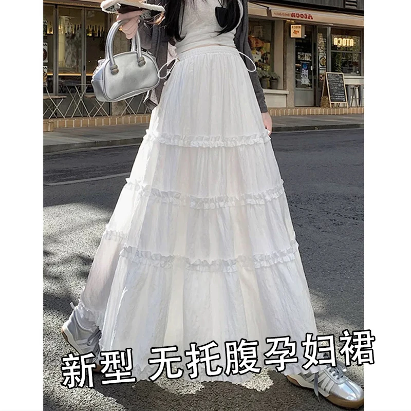 孕妇装无托腹长裙夏季新款休闲风木耳边白色A字伞裙孕期产后可穿