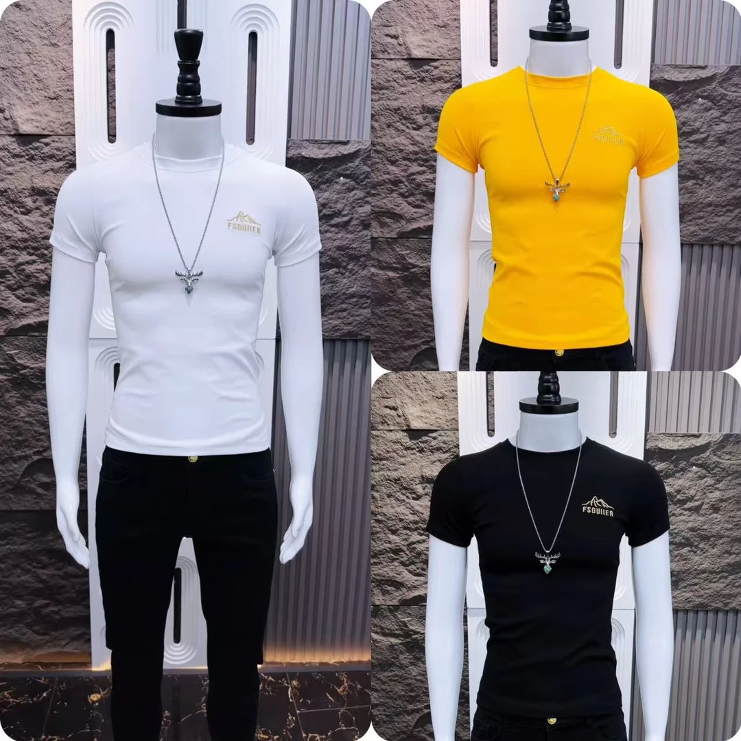 潮流时尚男士修身弹力刺绣圆领短袖百搭休闲打底个性短袖t恤网红