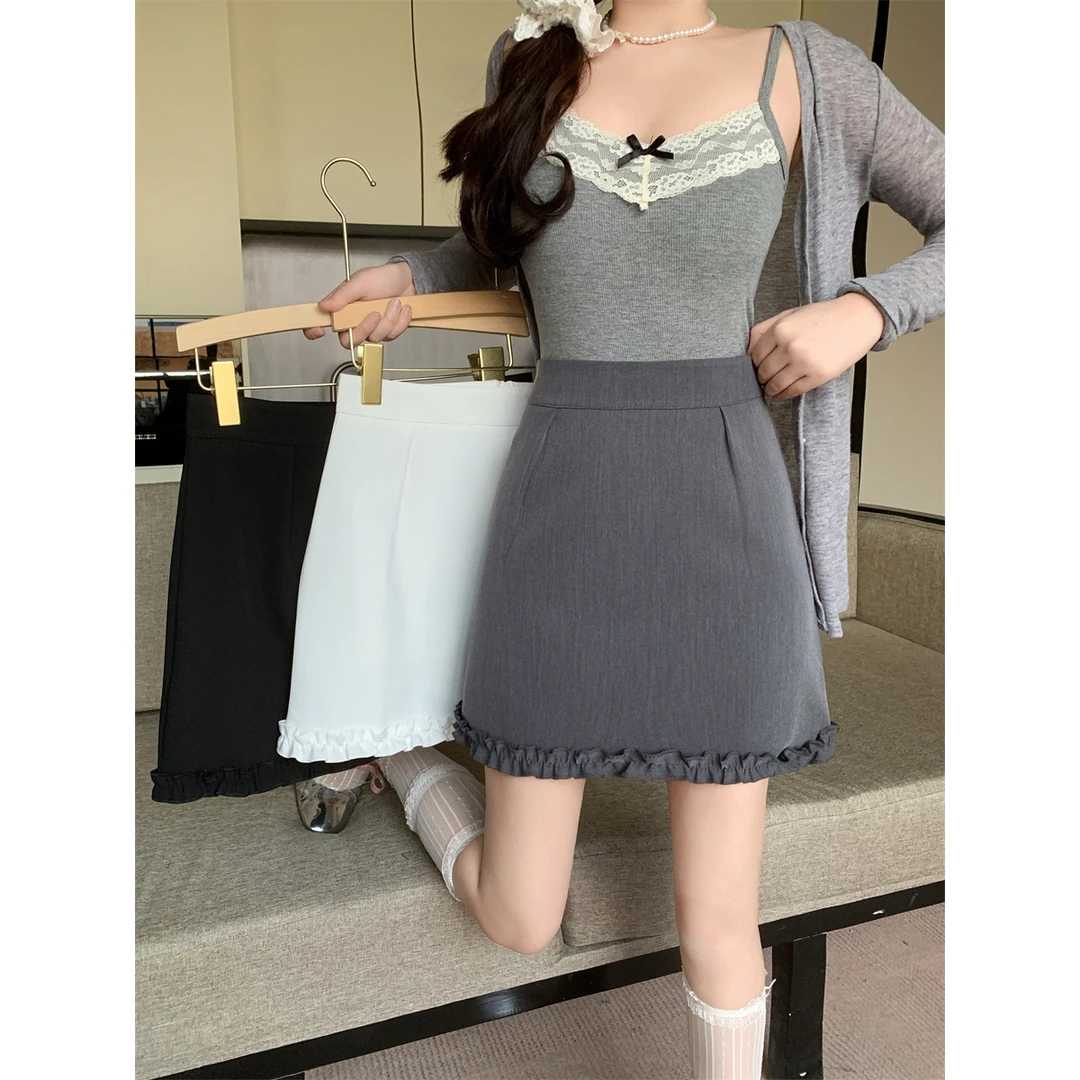 大码女装2025春季新款时尚显瘦纯色花边半身裙1702