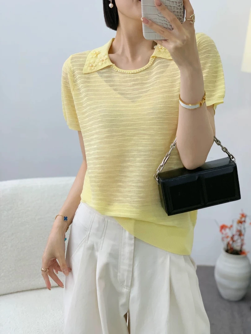 2025夏季新款钉珠装饰漂亮时尚气质女人味高级感竹节麻短袖针织衫