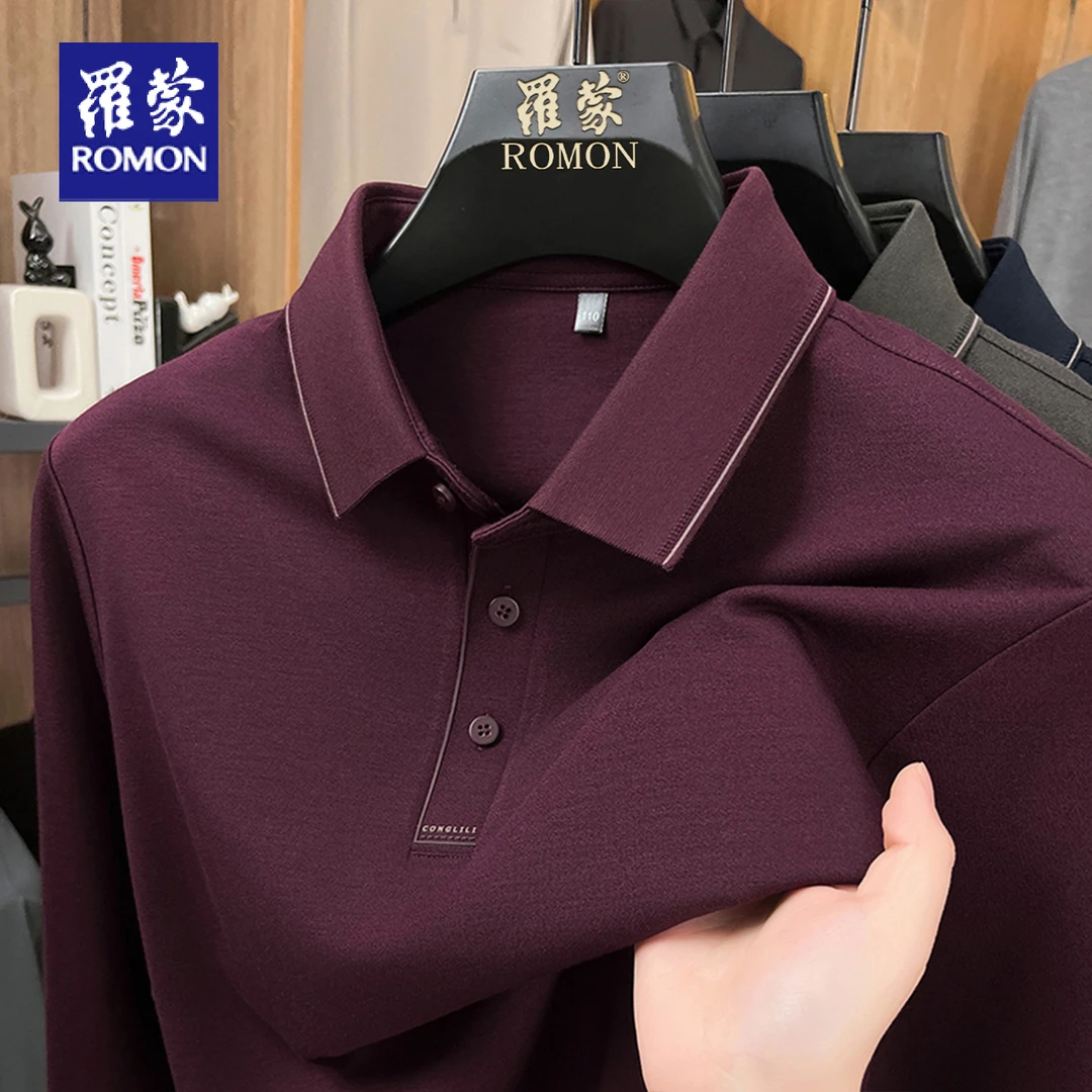 罗蒙男士长袖T恤春秋季新款休闲喜爸爸婚宴装红色polo衫打底上衣