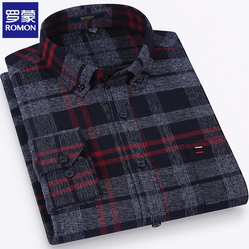 罗蒙春秋纯棉长袖衬衣男士中年宽松格子衬衫商务休闲大码男装透气