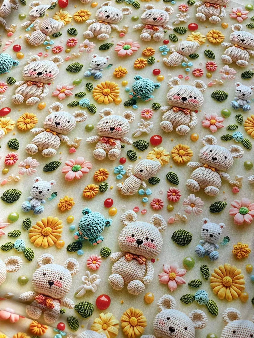 精品棉绸面料 卡通毛线小熊