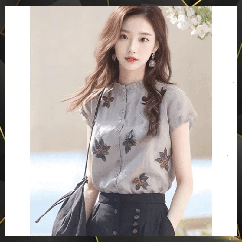 高端流行别致印花洋气立领短袖上衣衬衫小众款夏季百搭亚麻女款