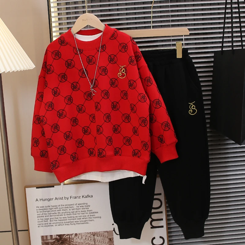 童装男童卫衣套装秋冬装2024新款儿童上衣加绒加厚本命年拜年服