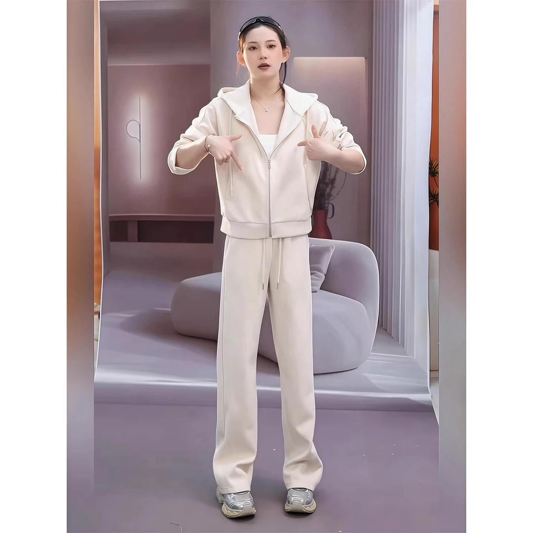 运动套装女2025新款时尚休闲减龄显瘦连帽外套阔腿长裤春秋两件套