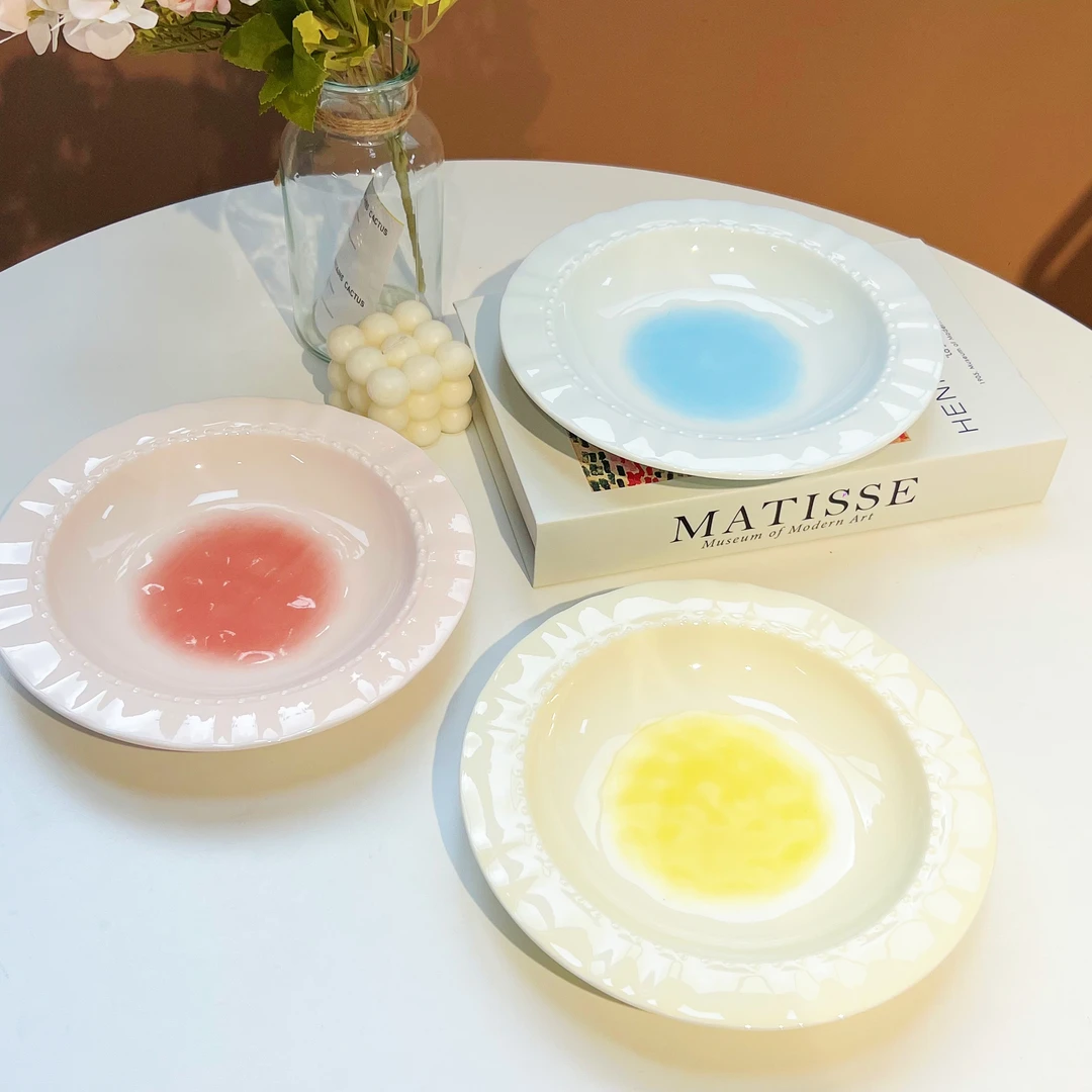 渐变色花边甜品盘子ins沙拉奶油色餐盘陶瓷家用西餐意面高颜值