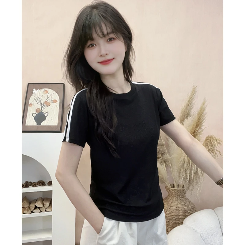 微透麻纱短袖T恤女透气亲肤袖子织带设计圆领休闲上衣