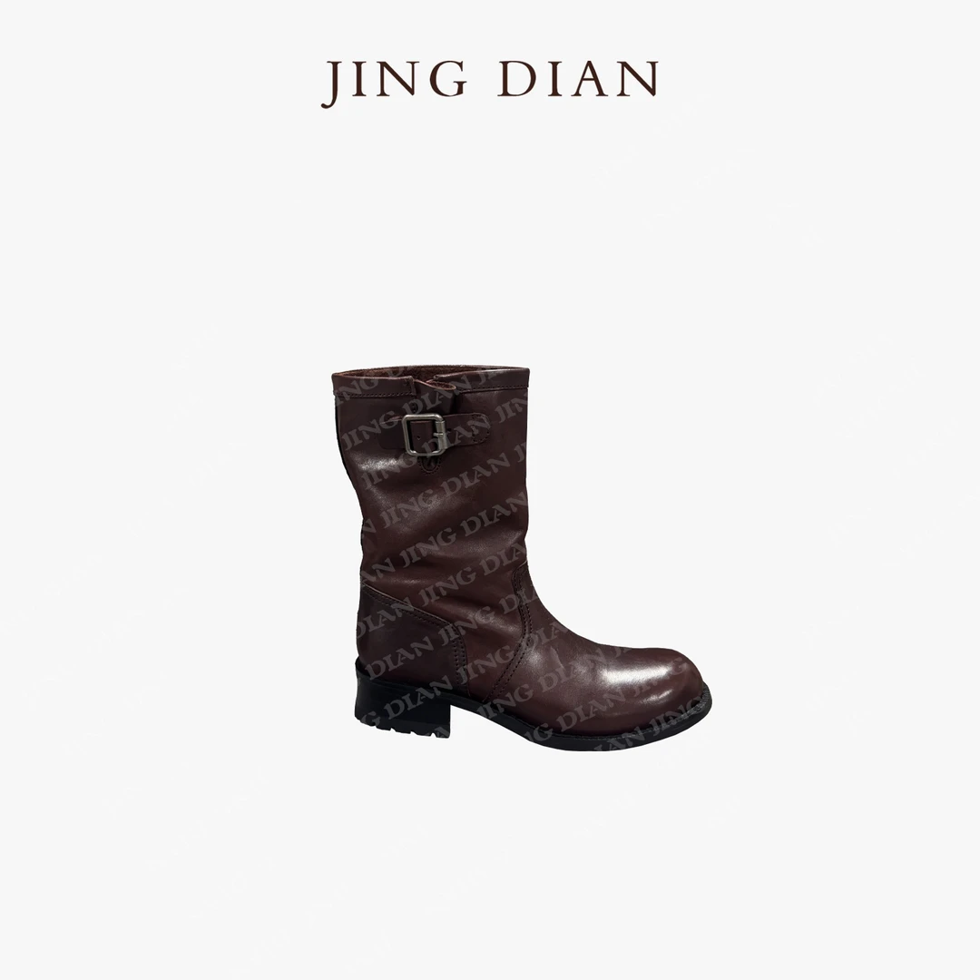 【JINGDIAN】定制款酒红色植鞣牛皮短靴 真皮粗跟秋冬圆头百搭
