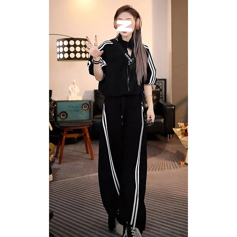 美式炸街休闲运动套装女秋季气质超好看黑色外套女阔腿长裤两件套