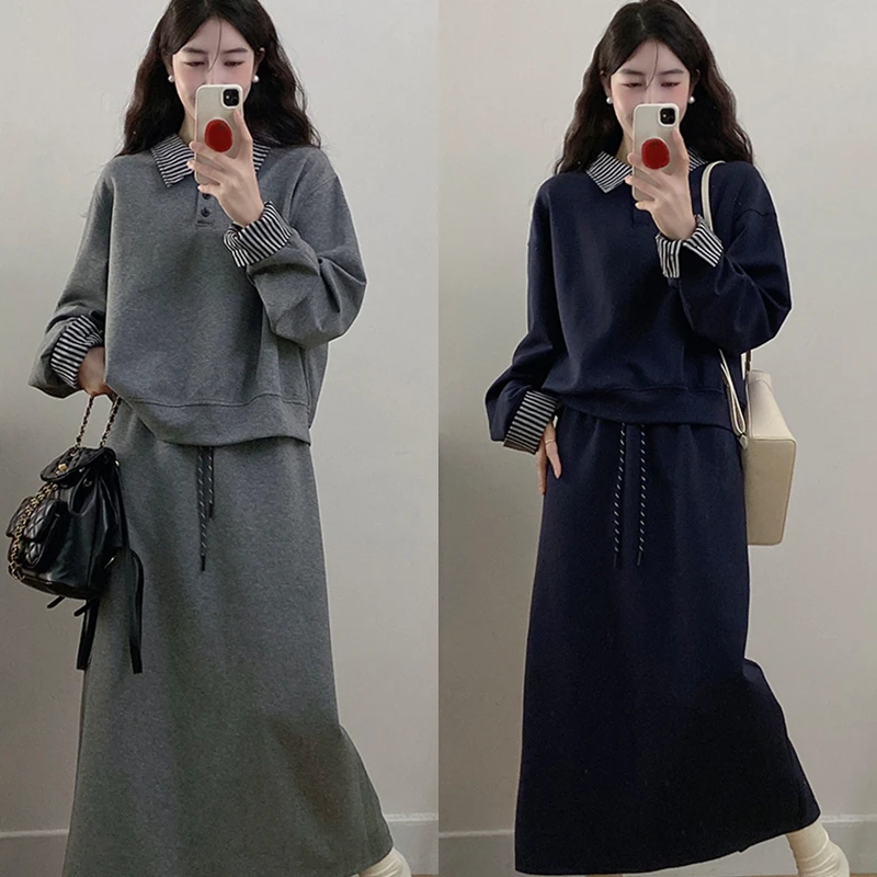 2025秋装新款胖mm大码女时尚拼接翻领卫衣高腰显瘦半身裙套装