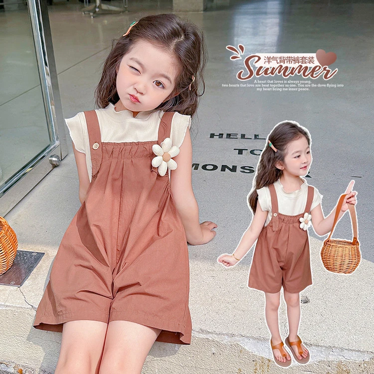 套装韩版夏季纯色女童中小童儿童网红洋气时尚休闲连体女孩女宝