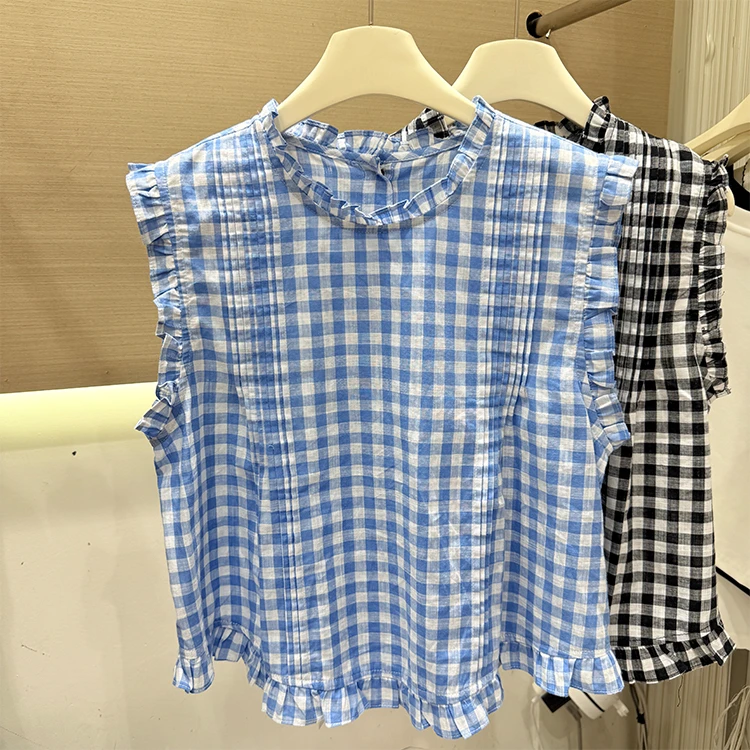 欧洲站2025夏时尚新款木耳边格子无袖衬衫女显瘦百搭上衣潮韩版