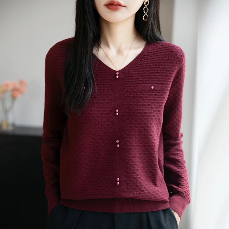 红色毛衣女春秋大码长袖针织衫宽松遮肚子显瘦洋气V领上衣打底衫