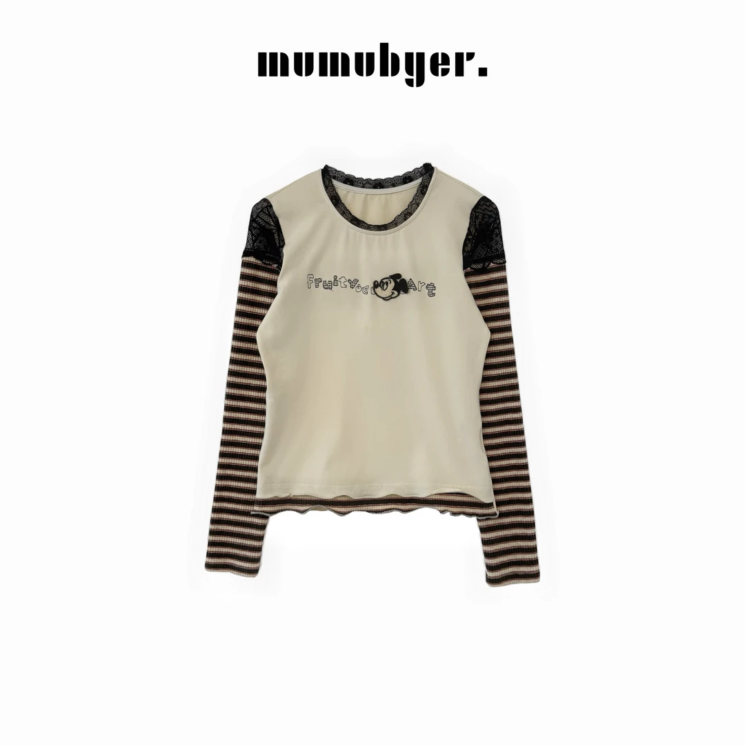 MUMUBYER •“谬系米奇”小众蕾丝拼接条纹米奇贴布小版tee