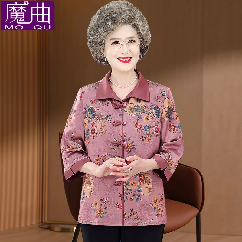 夏装新中式中老年装女奶奶装七分袖衬衫妈妈装开衫洋气太太上衣