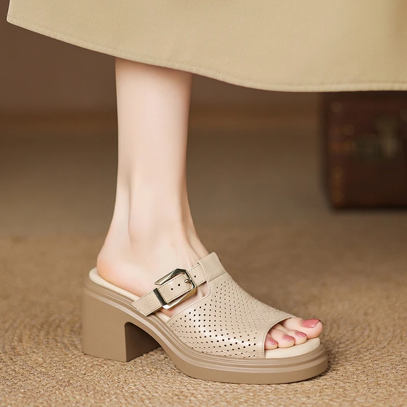 厚底高跟镂空凉拖鞋2025新款女夏季真皮外穿女罗马风粗跟半拖鞋女