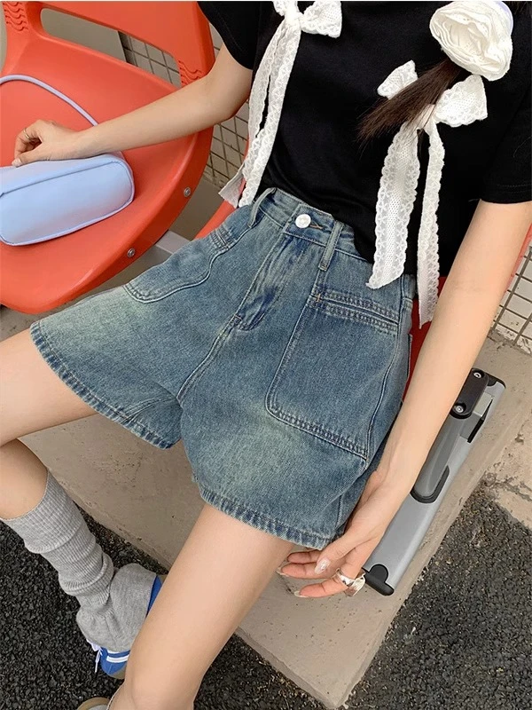 小众辣妹复古牛仔短裤女2025夏季新款直筒宽松时尚a字阔腿裤潮