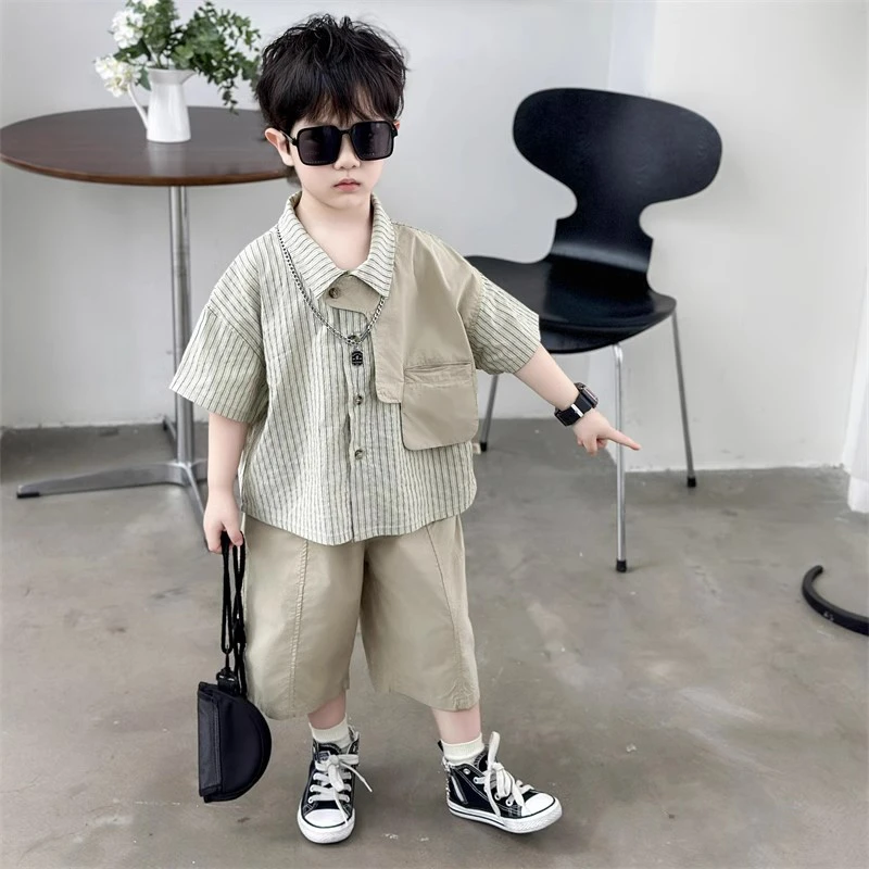 儿童装男童夏装衬衫套装2025新款痞帅气男孩夏季宝宝休闲时髦短袖