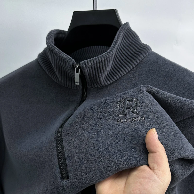 潮牌男装简约百搭半高领拉链卫衣男秋冬季颗粒绒保暖加厚立领上衣