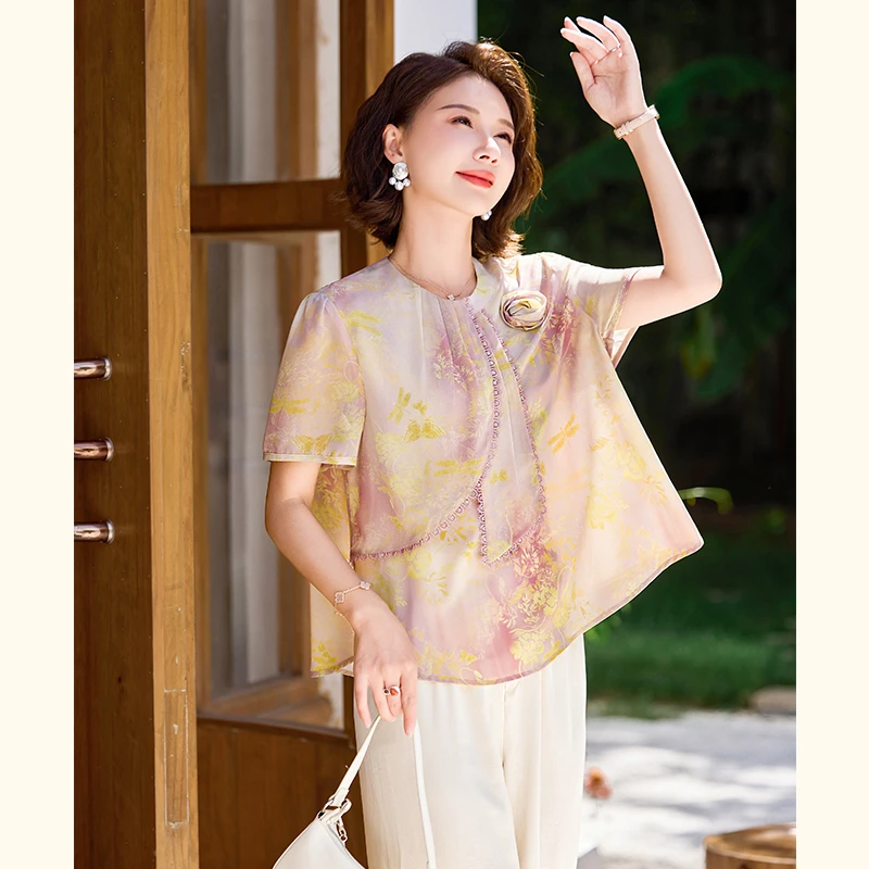 2025新款夏季妈妈装薄款时尚套装气质衬衣女装洋气减龄T恤两件套