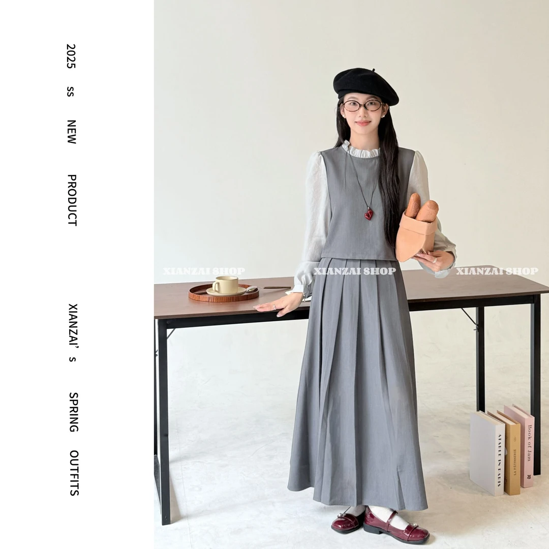 XIANZAI【记忆香氛】秋冬反季法式假两件上衣气质半身裙两件套装