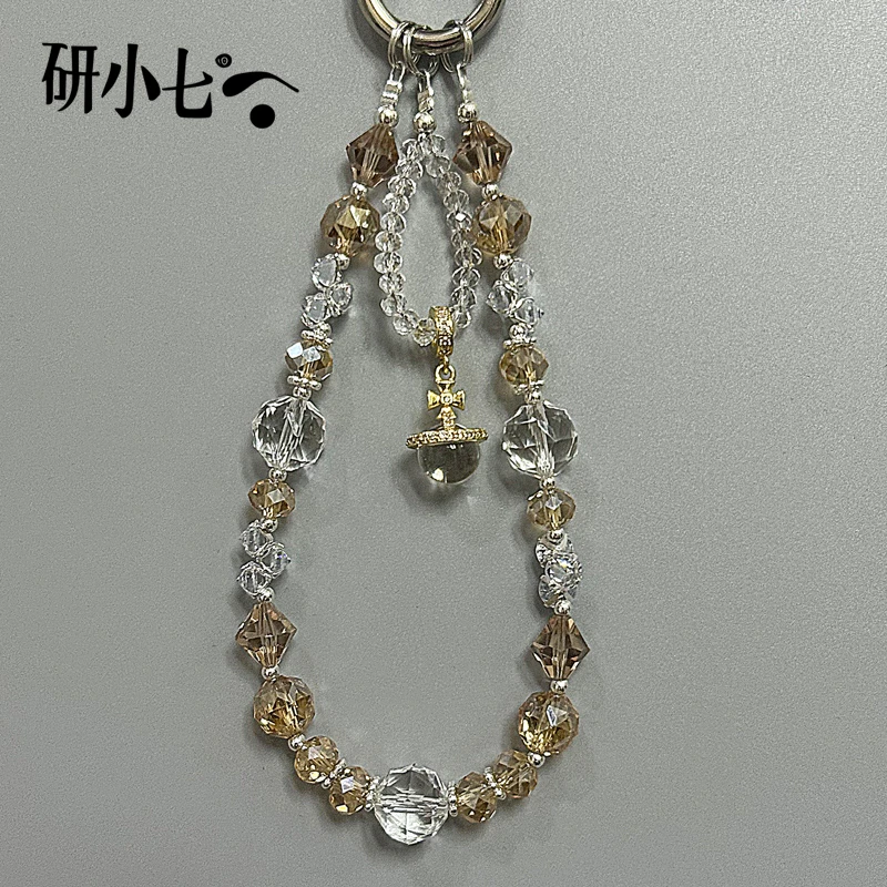 研小七黄色水晶时尚挂绳挂件手工个性创意手机链饰防丢钥匙扣A060