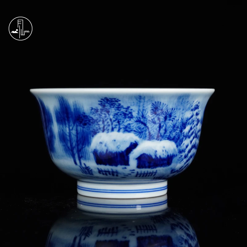 见山烧青花雪景碗杯