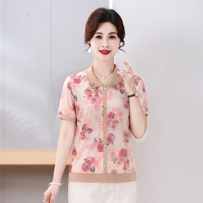 中年妈妈夏装短袖t恤洋气翻领时尚大码女装2025夏季中老年上衣服