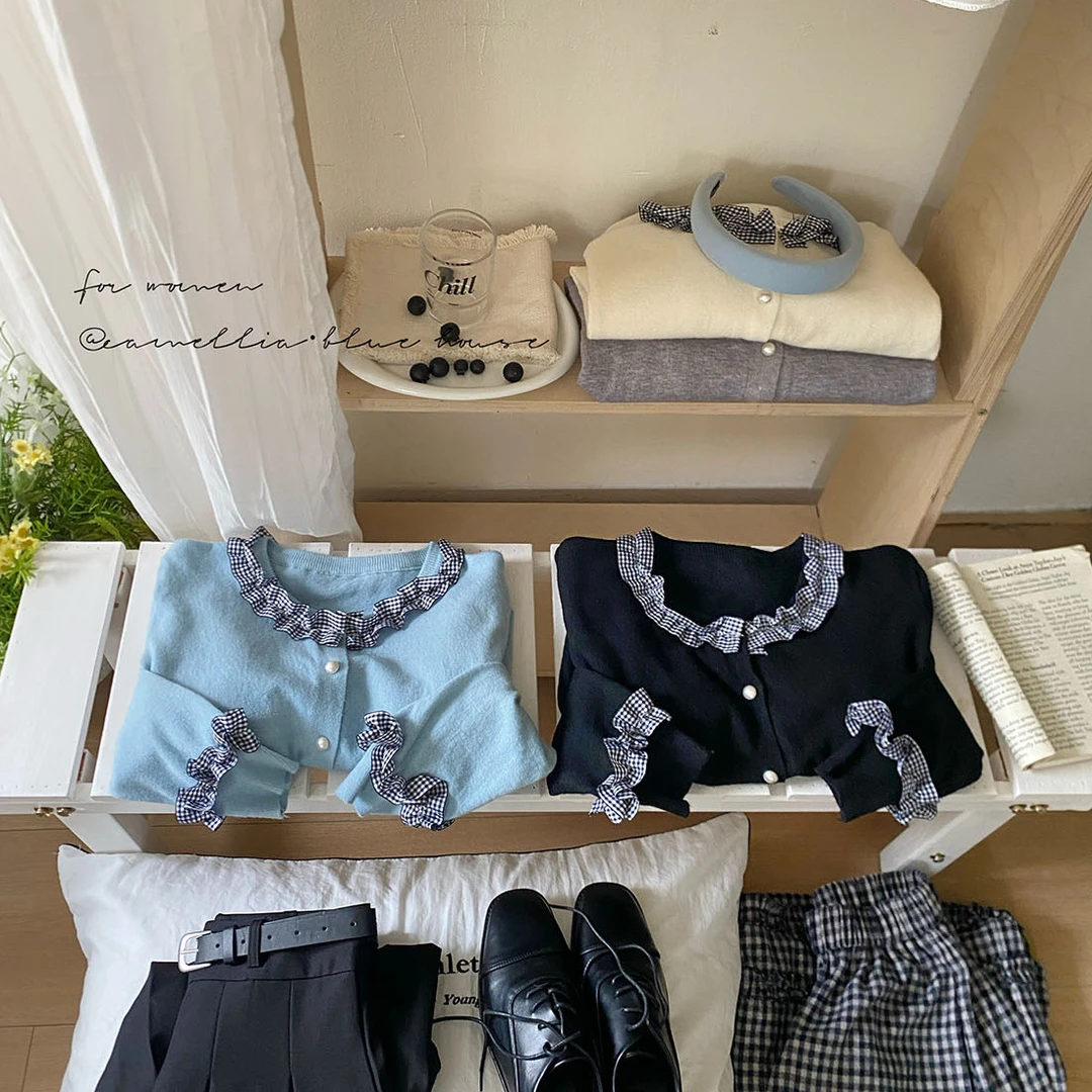 韩系洋气格子花边领针织开衫女秋新款miu系显瘦百搭外搭毛衣外套