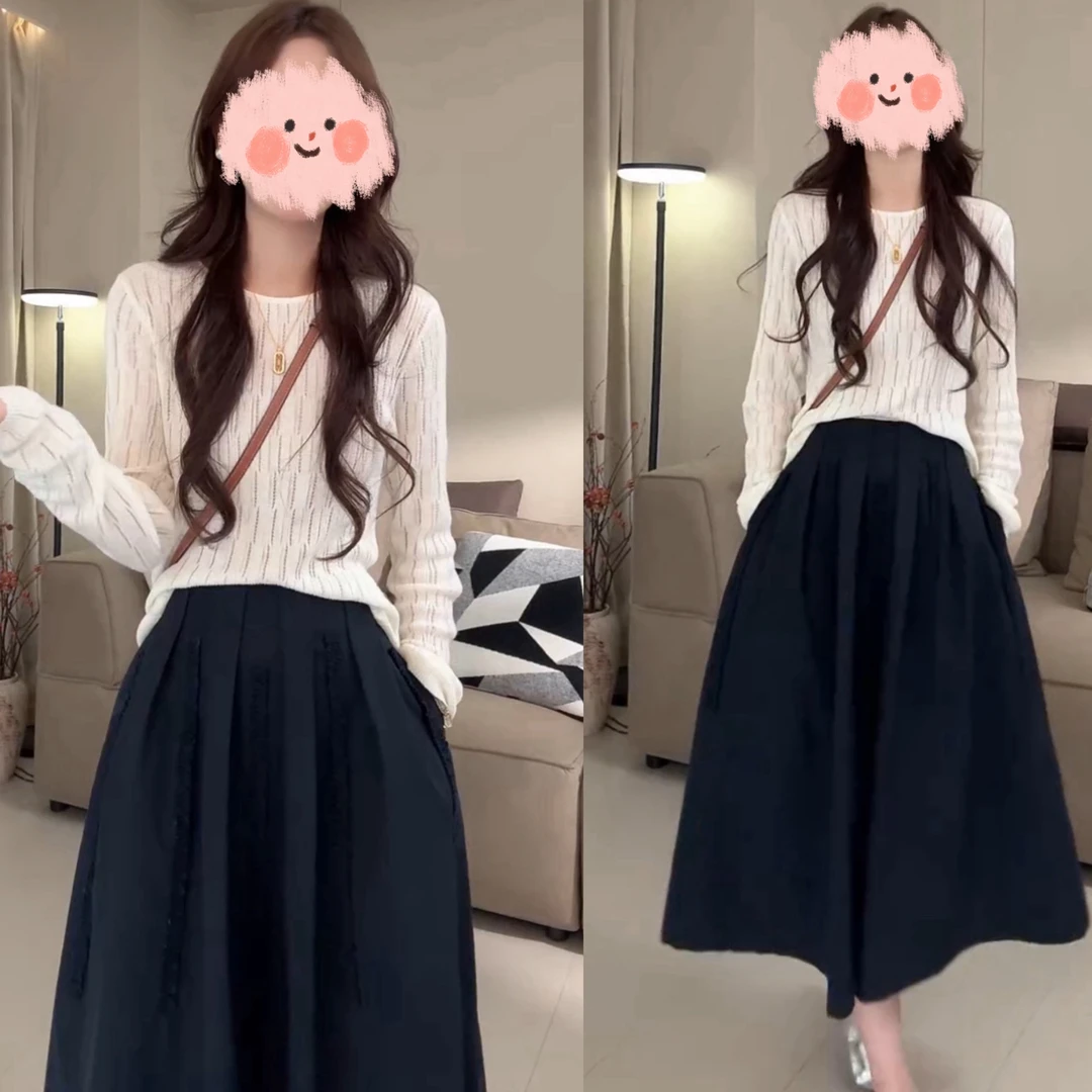 休闲时尚春秋镂空长袖针织衫搭配a字半身裙套装