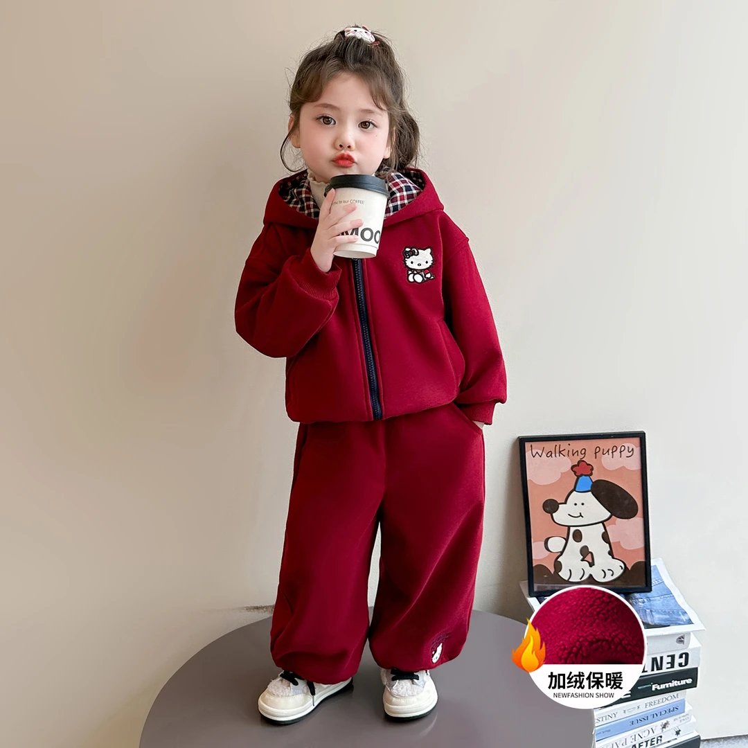 女童卡通加绒套秋冬2025新款儿童加厚外套运动两件套宝宝可爱衣服