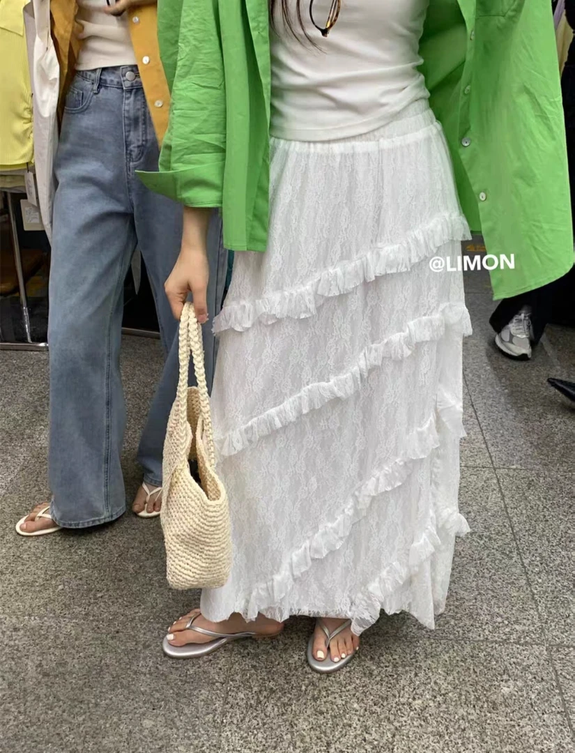 秋季新款法式蕾丝拼接不规则设计半身裙