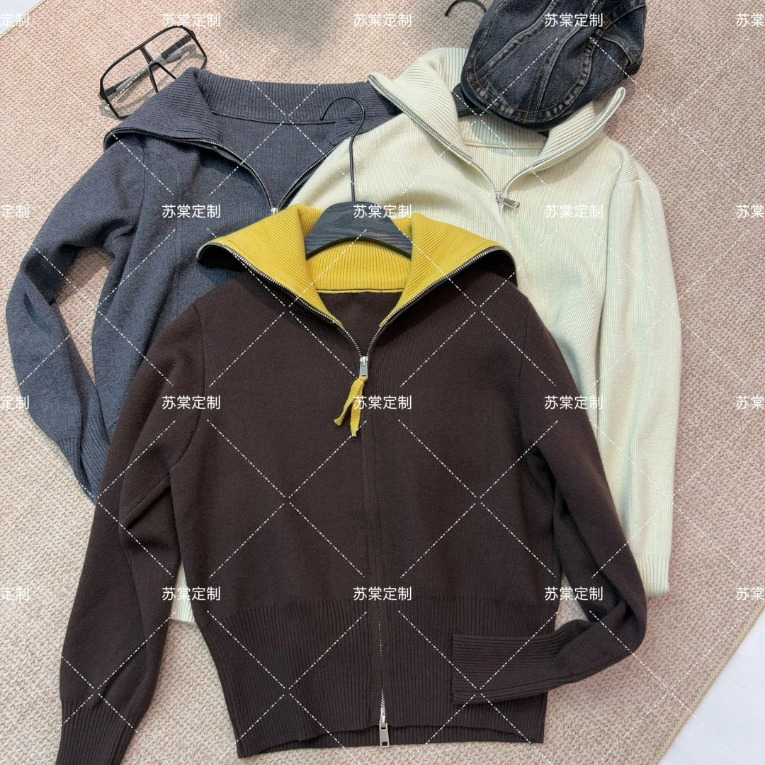 苏棠专属-拼色针织秋冬翻领时尚休闲百搭韩版收腰显瘦上衣