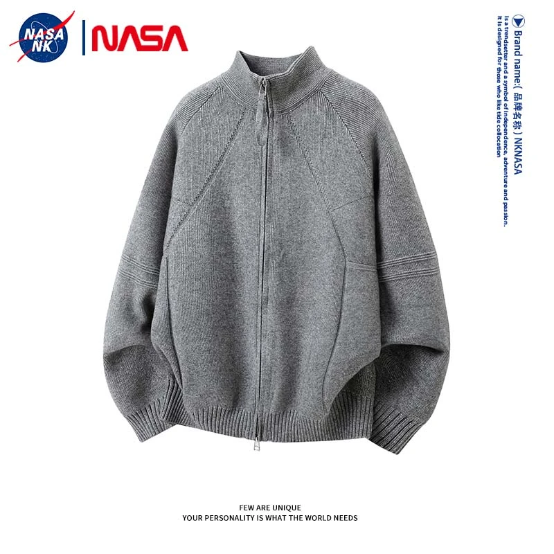 NASA联名拼接设计开衫毛衣外套男士秋冬季宽松慵懒风百搭针织上衣