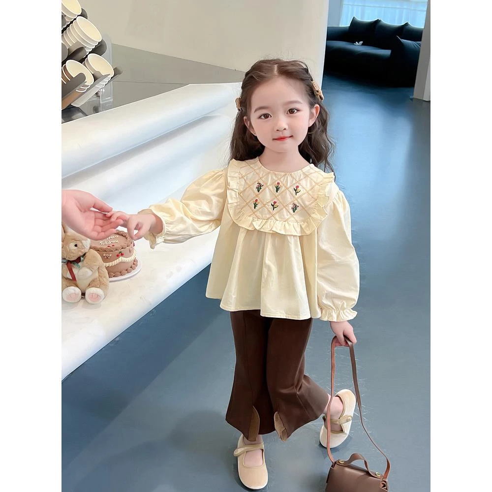 女童套装春秋2025新款女孩宝宝洋气衬衫喇叭裤两件套儿童韩系秋装