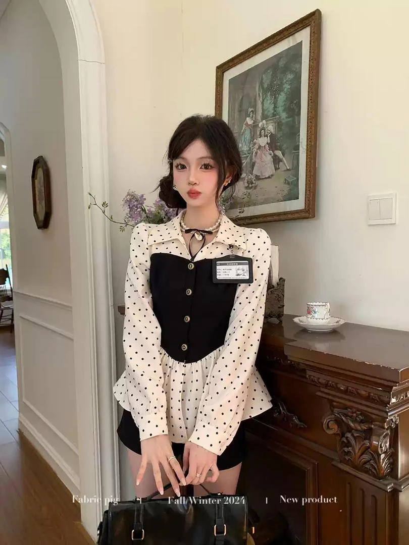 法式复古波点拼接假两件衬衫女早春季设计感小众减龄气质长袖套装