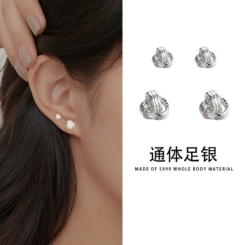 足银耳饰 S999足银如意结弯钩耳钉女纯银养耳洞百搭耳饰E560
