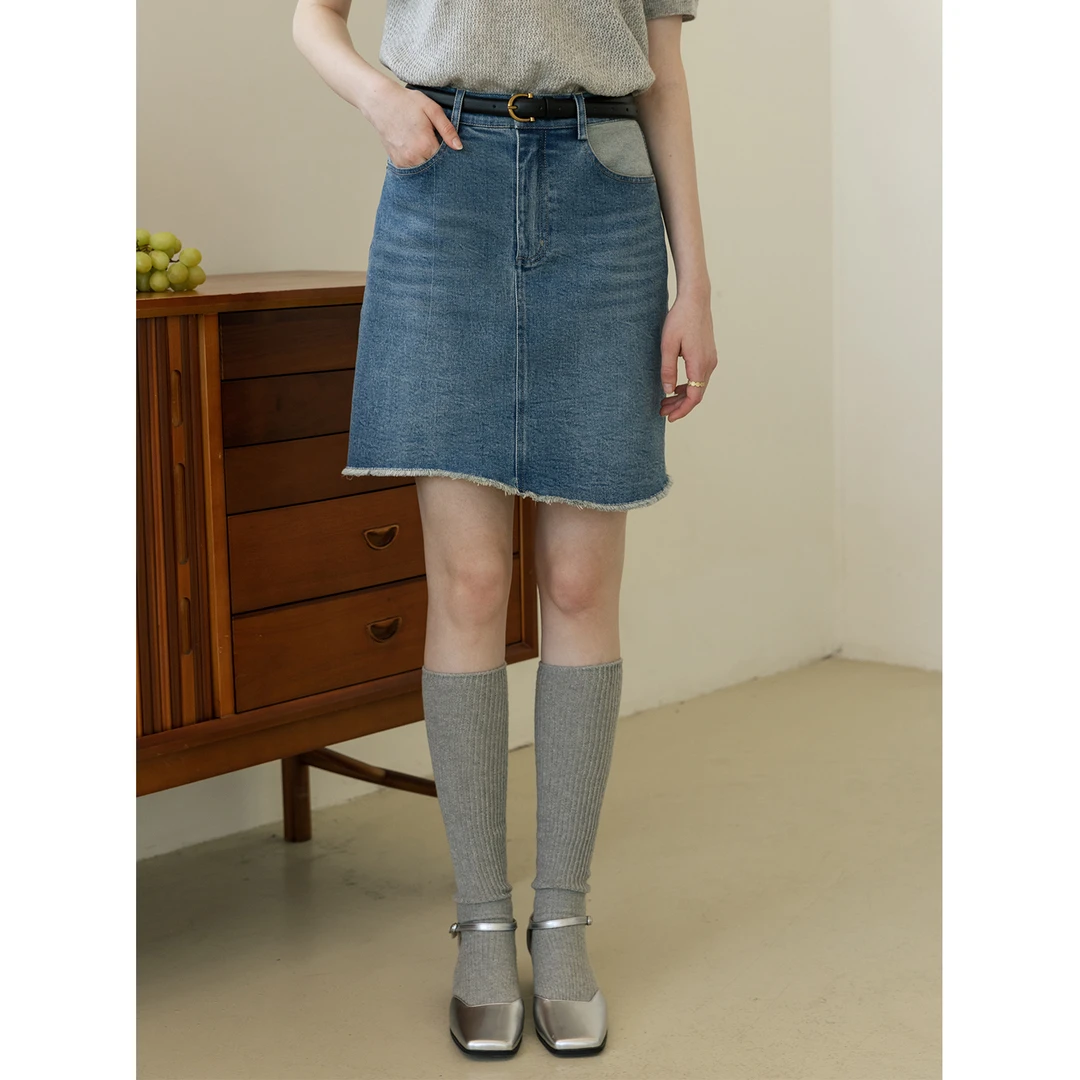 MELLIIY 2025年新款不规则下摆高腰刺绣蓝色牛仔半身裙33231687