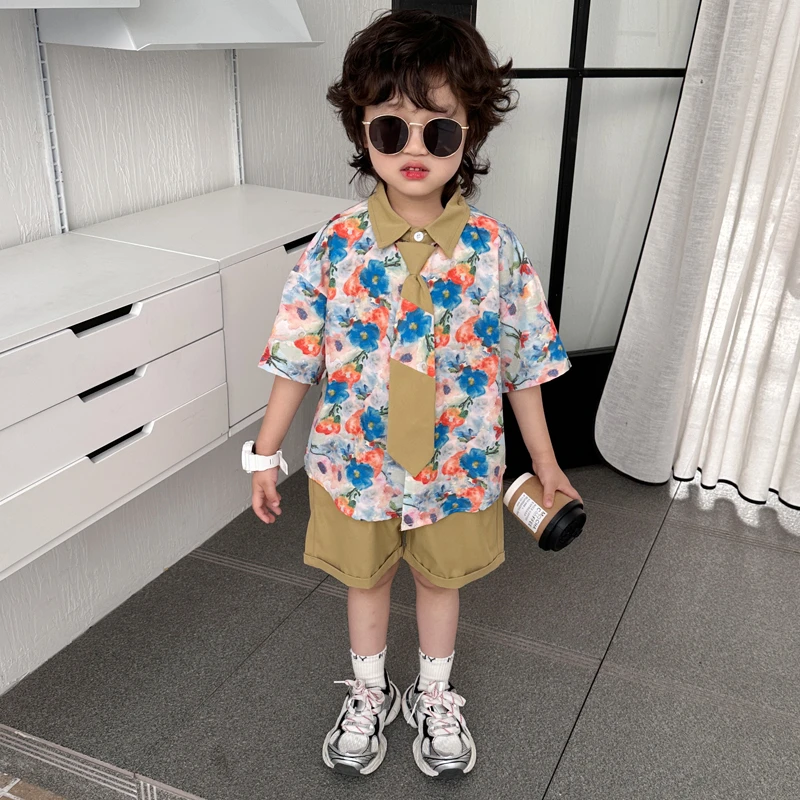 男童夏装套装2025新款儿童洋气时髦夏季衬衫两件套宝宝韩版衣服潮