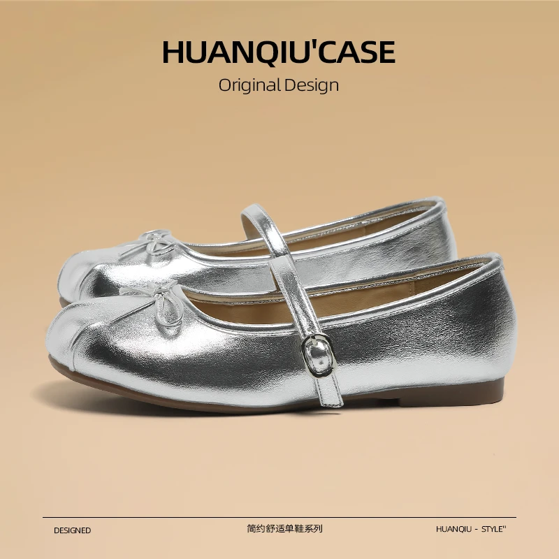 环球银色浅口芭蕾玛丽珍鞋女2025新款夏季软底蝴蝶结凉鞋百搭单鞋