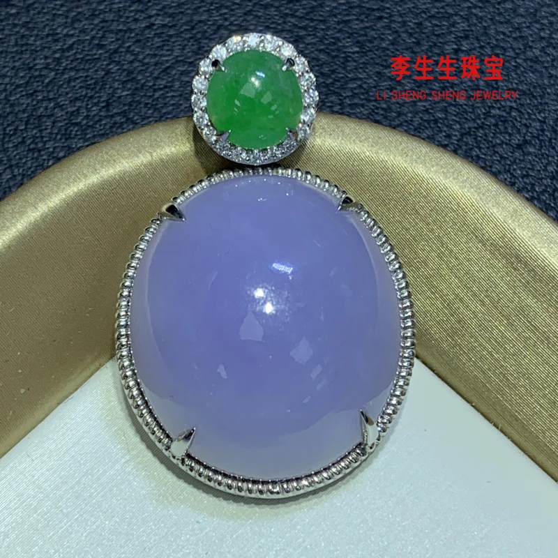 春日珠宝天然缅甸A货翡翠豪镶冰胶梦幻紫蛋面吊坠Ｈ