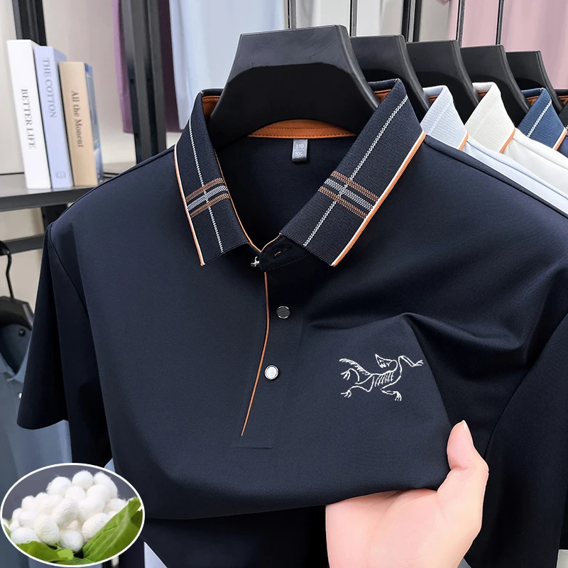 鸟家断码撤柜高档男士桑蚕丝刺绣短袖翻领宽松型夏季高档宽松Polo