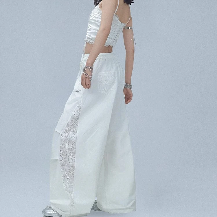 美式街舞潮牌夏季速干蕾丝拼接爵士运动长裤嘻哈甜酷辣妹休闲裤