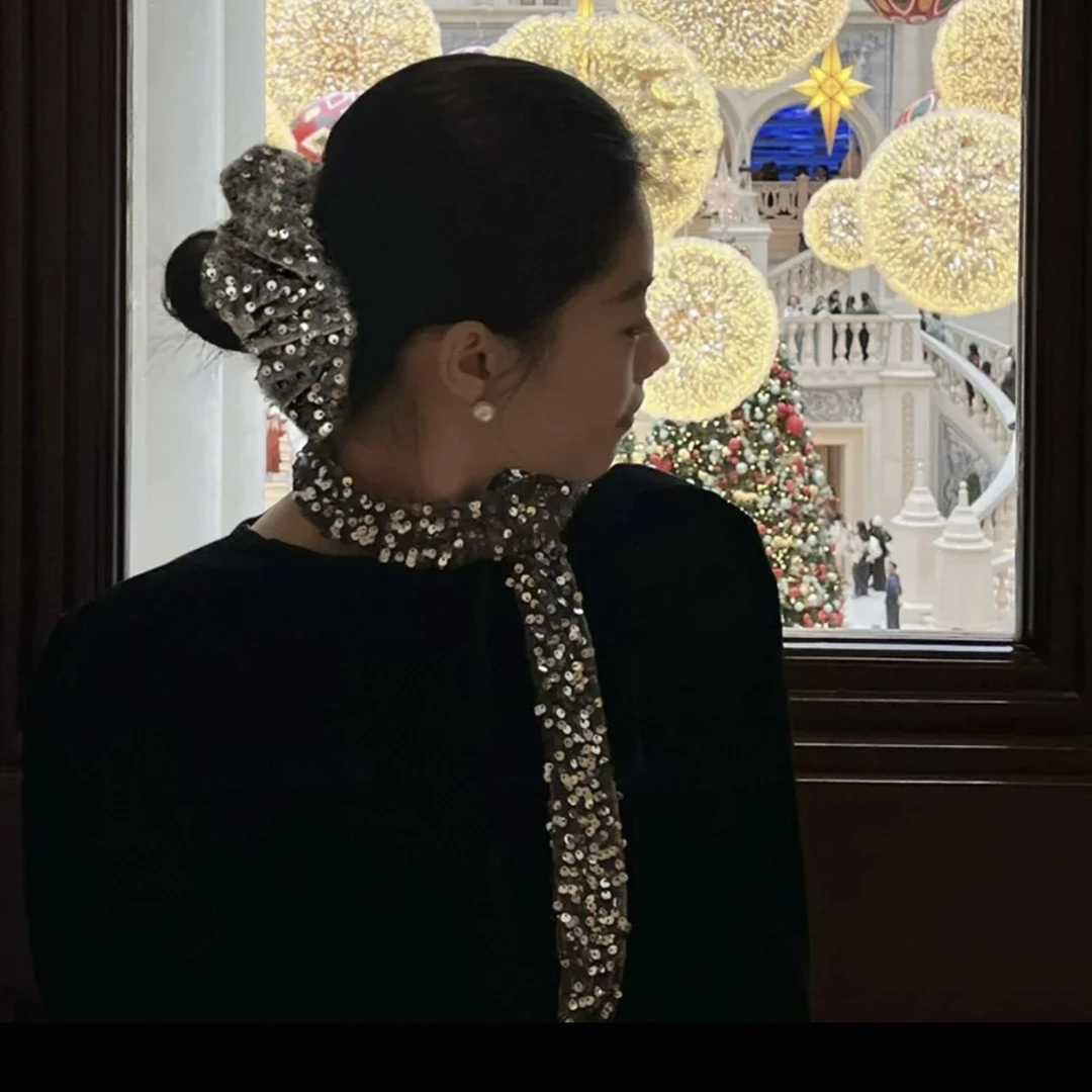 【阿敲】A1132~韩国新款银色闪片小众高马尾发圈大肠圈-麦穗头饰