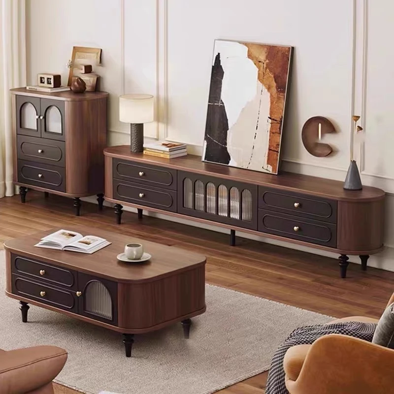 法式实木电视柜客厅家用中古风胡桃色轻奢高级感弧边美式电视机柜