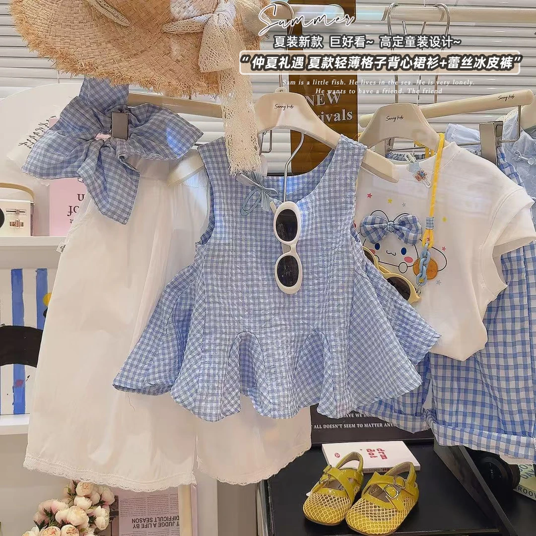 (下单立送发圈）2025夏季新款女童格子裙七分裤休闲背带无袖套装