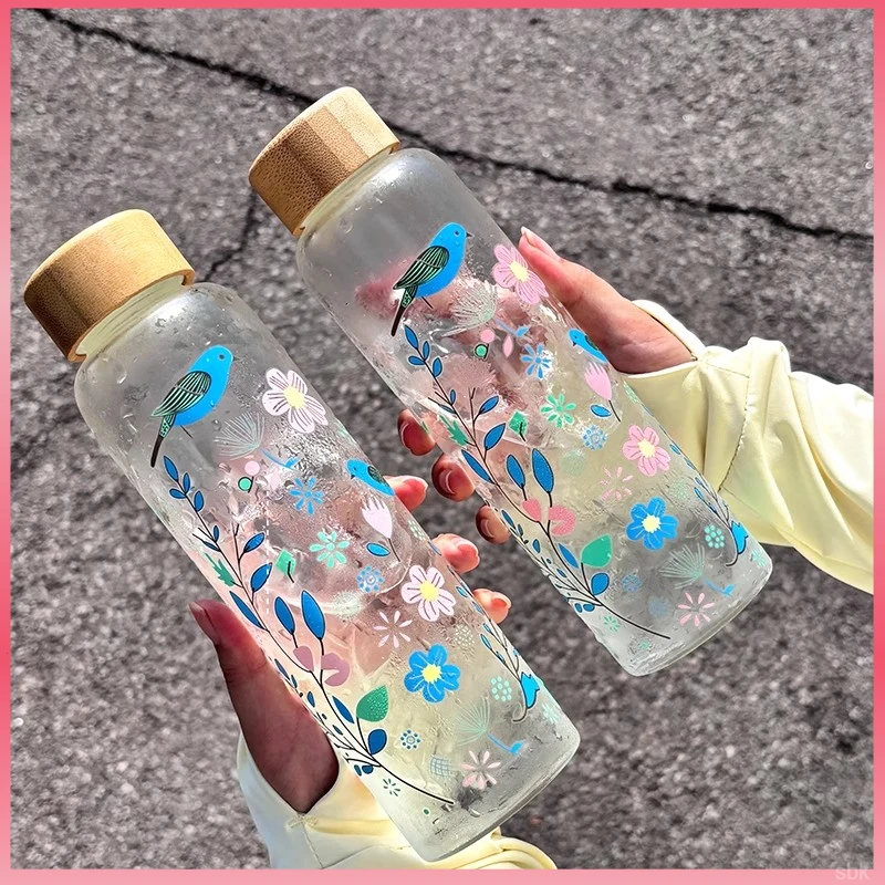 感温变色玻璃杯高硼硅大容量高温烤花冷泡杯子带盖子便携运动水杯